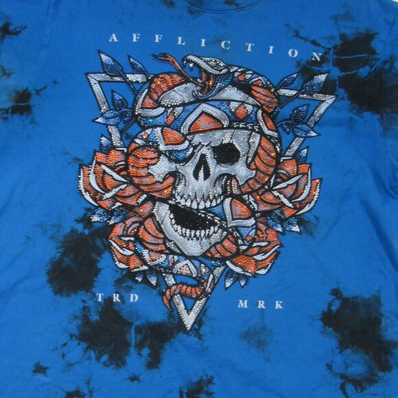 Affliction Black Label T-shirt Rhinestone Studded Skull Snake Rose Tie Dye M Y2K - Picture 3 of 10